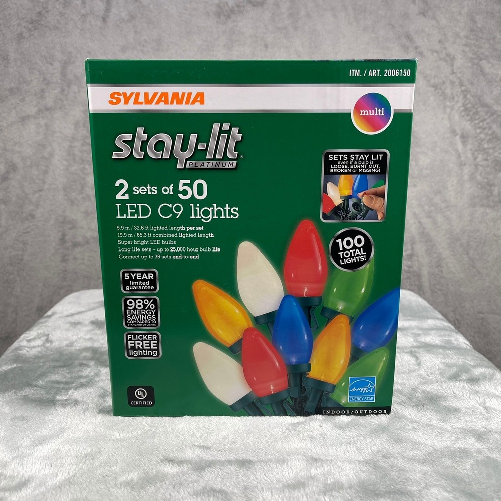 Sylvania LED C9 Lights Multi 100 Count Stay-Lit Platinum Indoor Outdoor